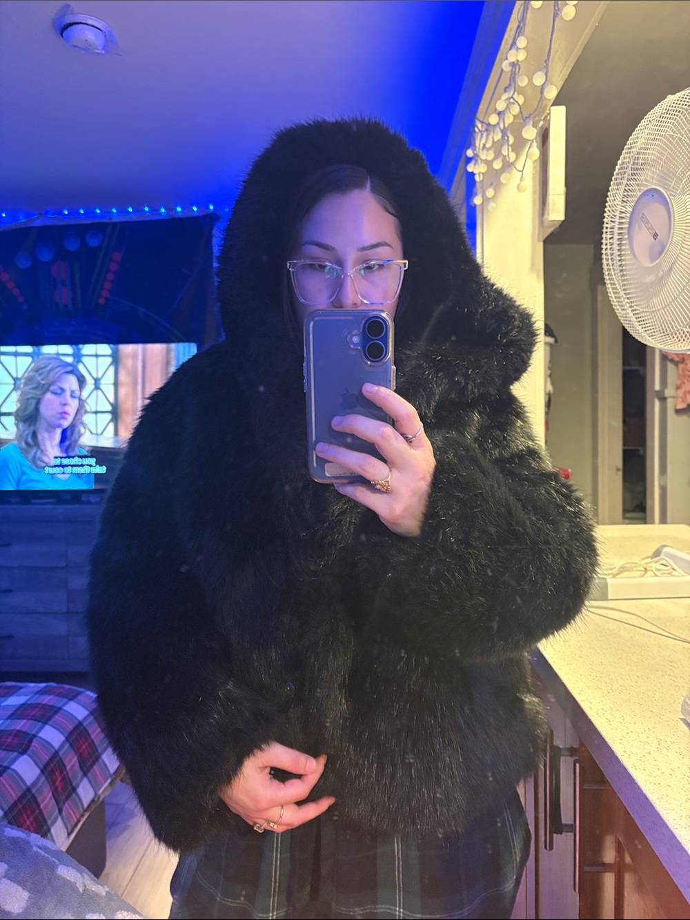BLACK FAUX FUR COAT WITH OVERSIZED HOOD!